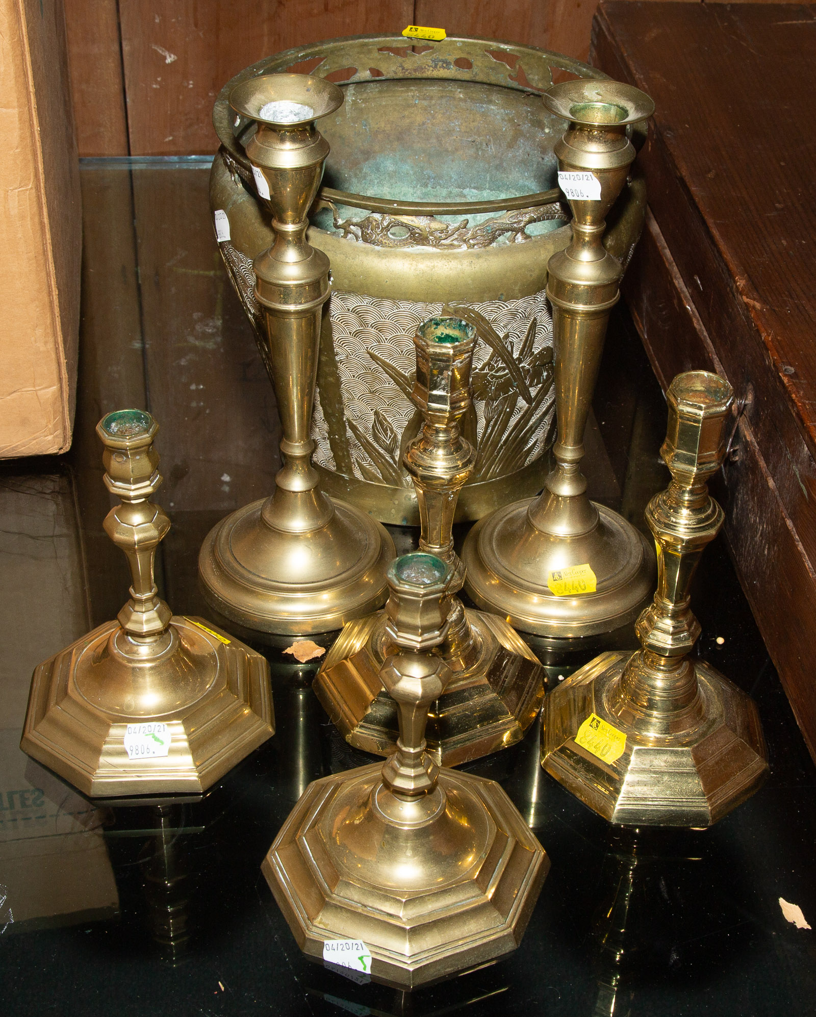 THREE PRS. BRASS CANDLESTICKS;