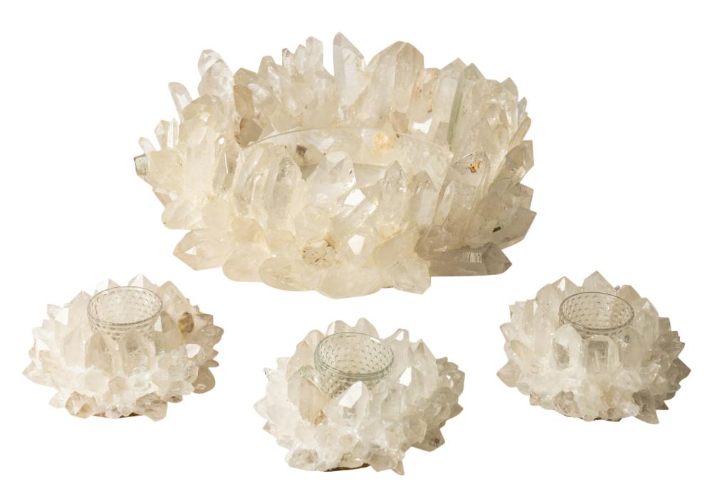 THREE QUARTZ CRYSTAL CANDLE HOLDERS