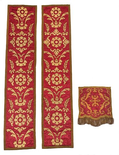 THREE RED SILK BROCADE ALTAR