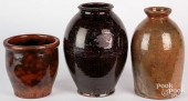 THREE REDWARE CROCK AND JARS,