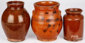 THREE REDWARE CROCKS, 19TH C.<