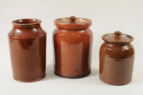 THREE REDWARE JARSThree redware