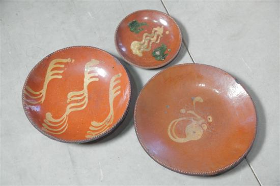 THREE REDWARE SLIP DECORATED
