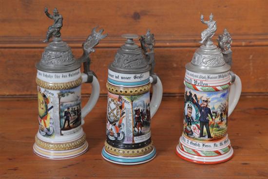 THREE REGIMENTAL STEINS. All with