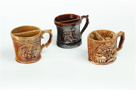 THREE ROCKINGHAM SHAVING MUGS. 