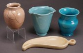 THREE ROOKWOOD VASES AND A LEA