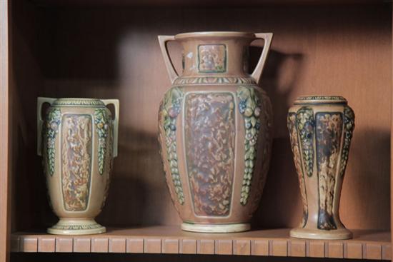 THREE ROSEVILLE POTTERY VASES.