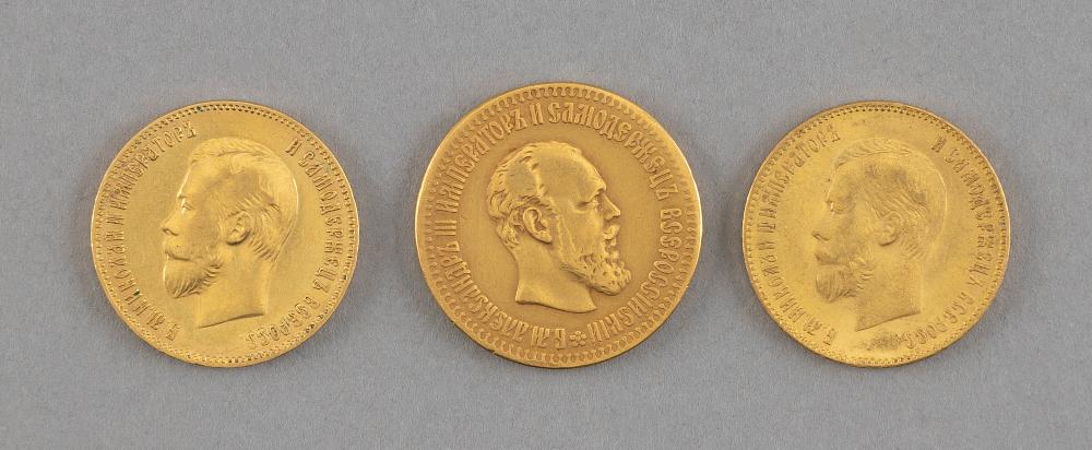 THREE RUSSIAN 10 ROUBLE GOLD