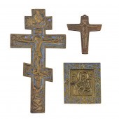 THREE RUSSIAN BRASS ICONS WITH