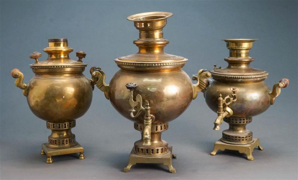 THREE RUSSIAN BRASS SAMOVARS