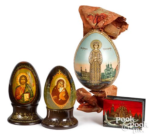THREE RUSSIAN PAINTED EGGS,