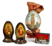 THREE RUSSIAN PAINTED EGGS, TO