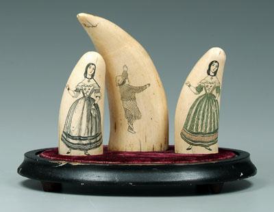 Three scrimshaw whale's teeth: