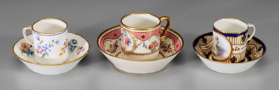 Three Sevres cups and saucers: cup,
