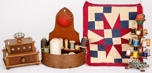 THREE SEWING SPOOL CADDIES, 19TH