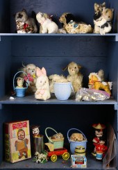 THREE SHELVES OF ANTIQUE STUFF