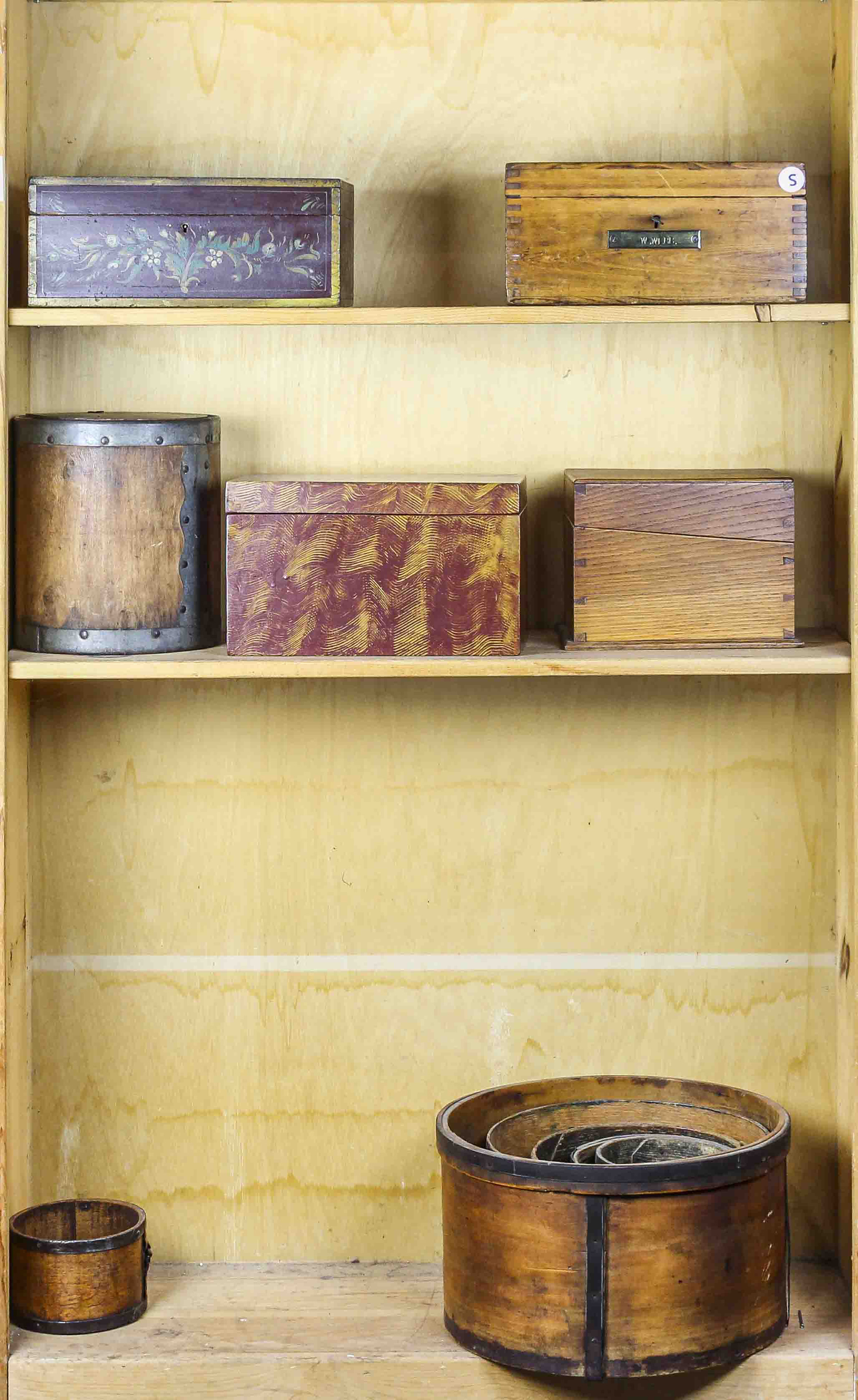 THREE SHELVES OF BOXES Three