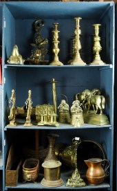 THREE SHELVES OF BRASS DECORAT