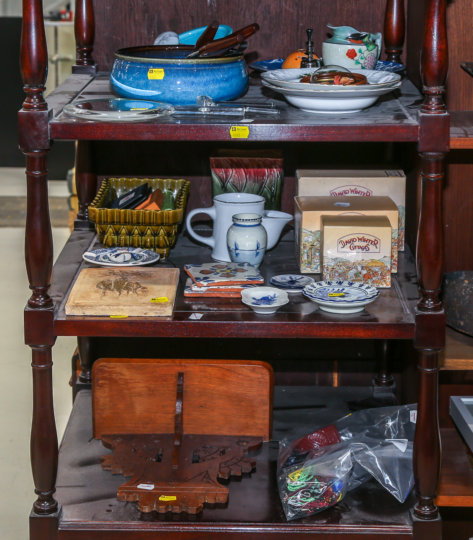 THREE SHELVES OF DECORATIONS &