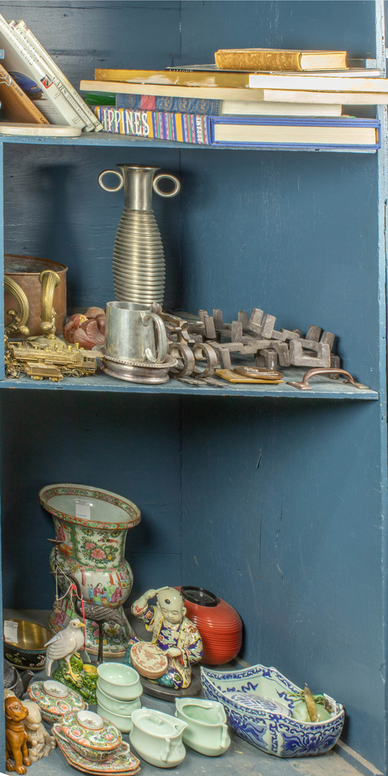THREE SHELVES OF DECORATIVE ART
