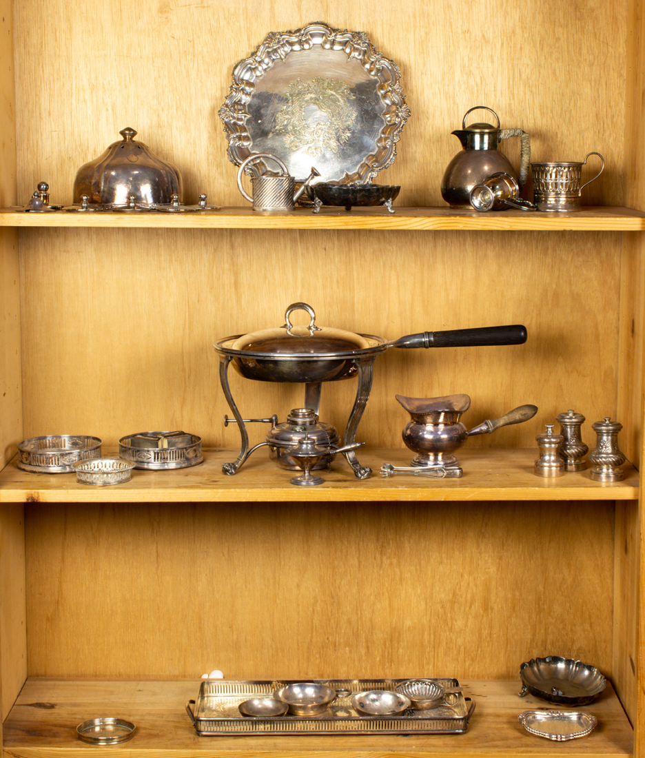 THREE SHELVES OF MAINLY SILVER