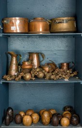 THREE SHELVES OF METALWORK AND