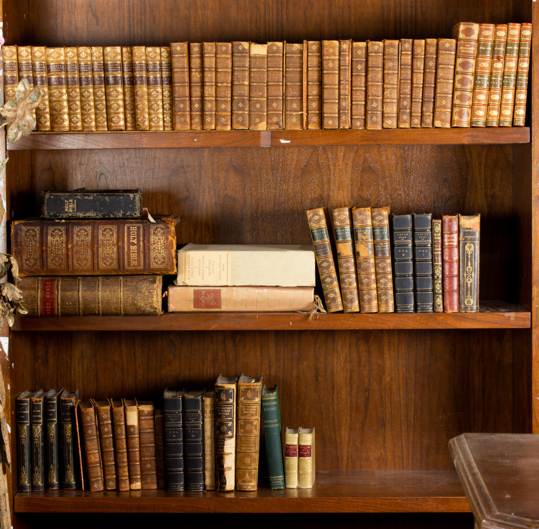 THREE SHELVES OF MOSTLY LEATHER