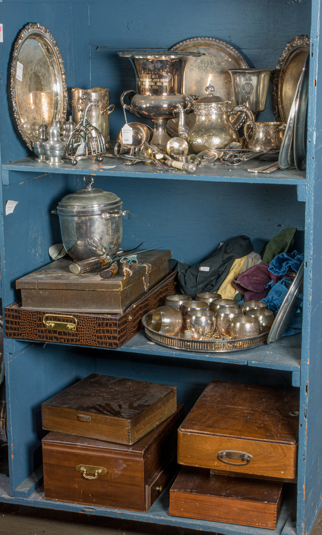 THREE SHELVES OF SILVER PLATE