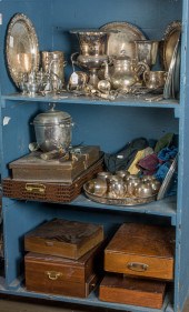 THREE SHELVES OF SILVER PLATE