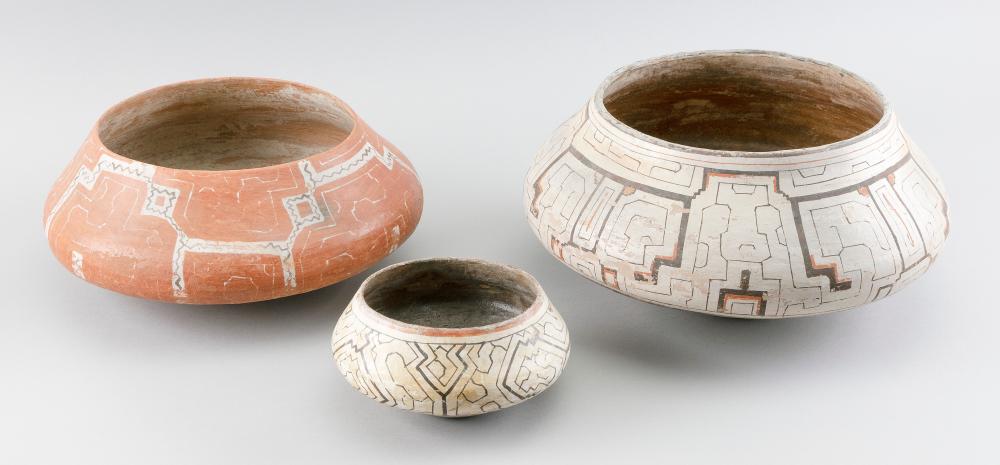THREE SHIPIBO POTTERY BOWLS PERU