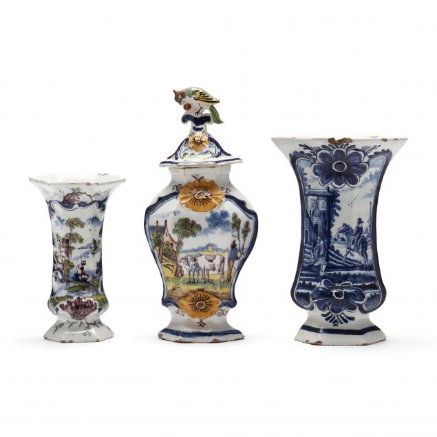 THREE SIGNED DUTCH DELFT VASES 18th