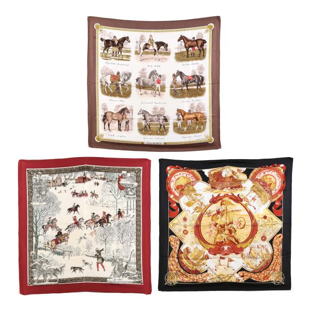THREE SILK SCARVES, HERMES Made