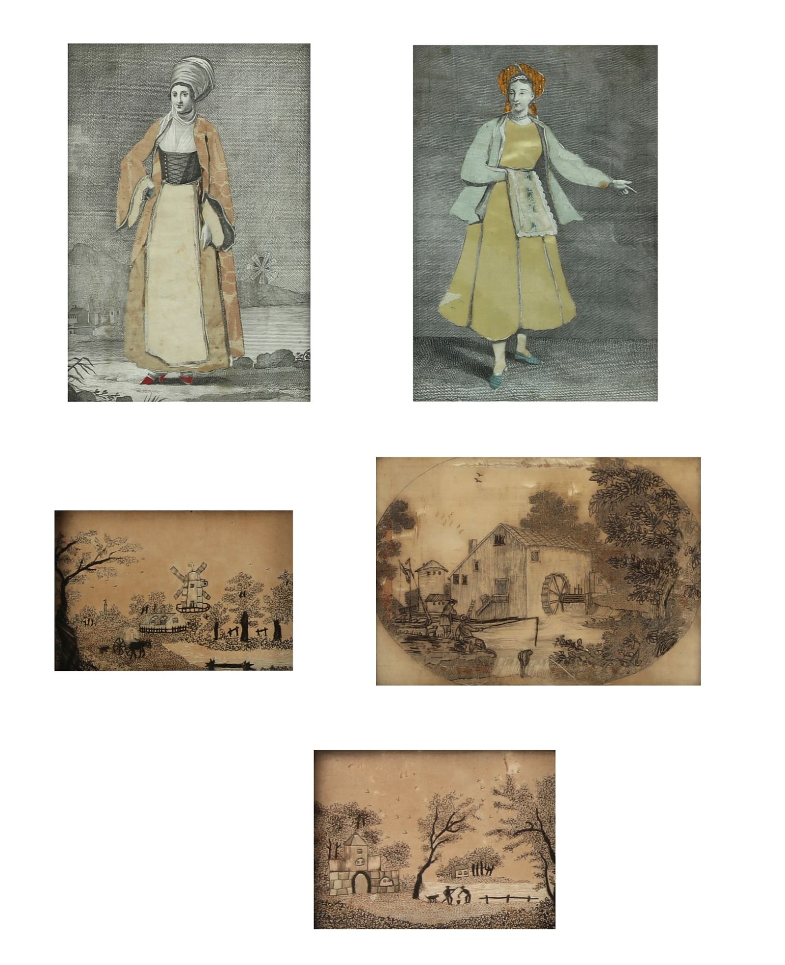 THREE SILKWORK PANELS AND A PAIR OF