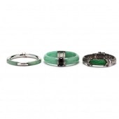 THREE SILVER AND JADE BRACELET