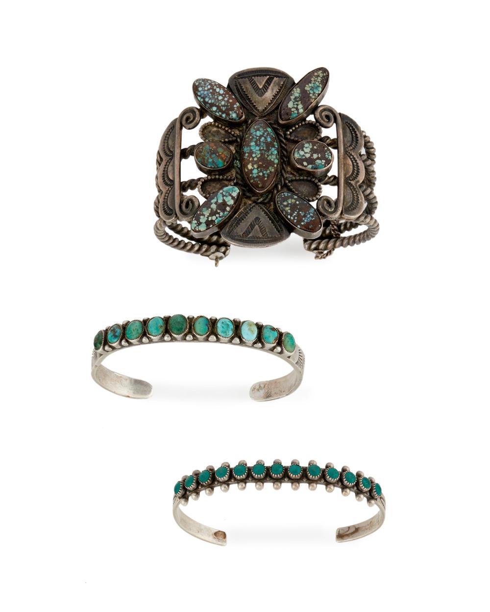 THREE SILVER AND TURQUOISE CUFF