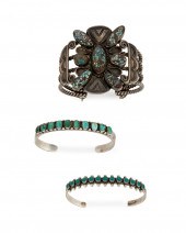 THREE SILVER AND TURQUOISE CUF