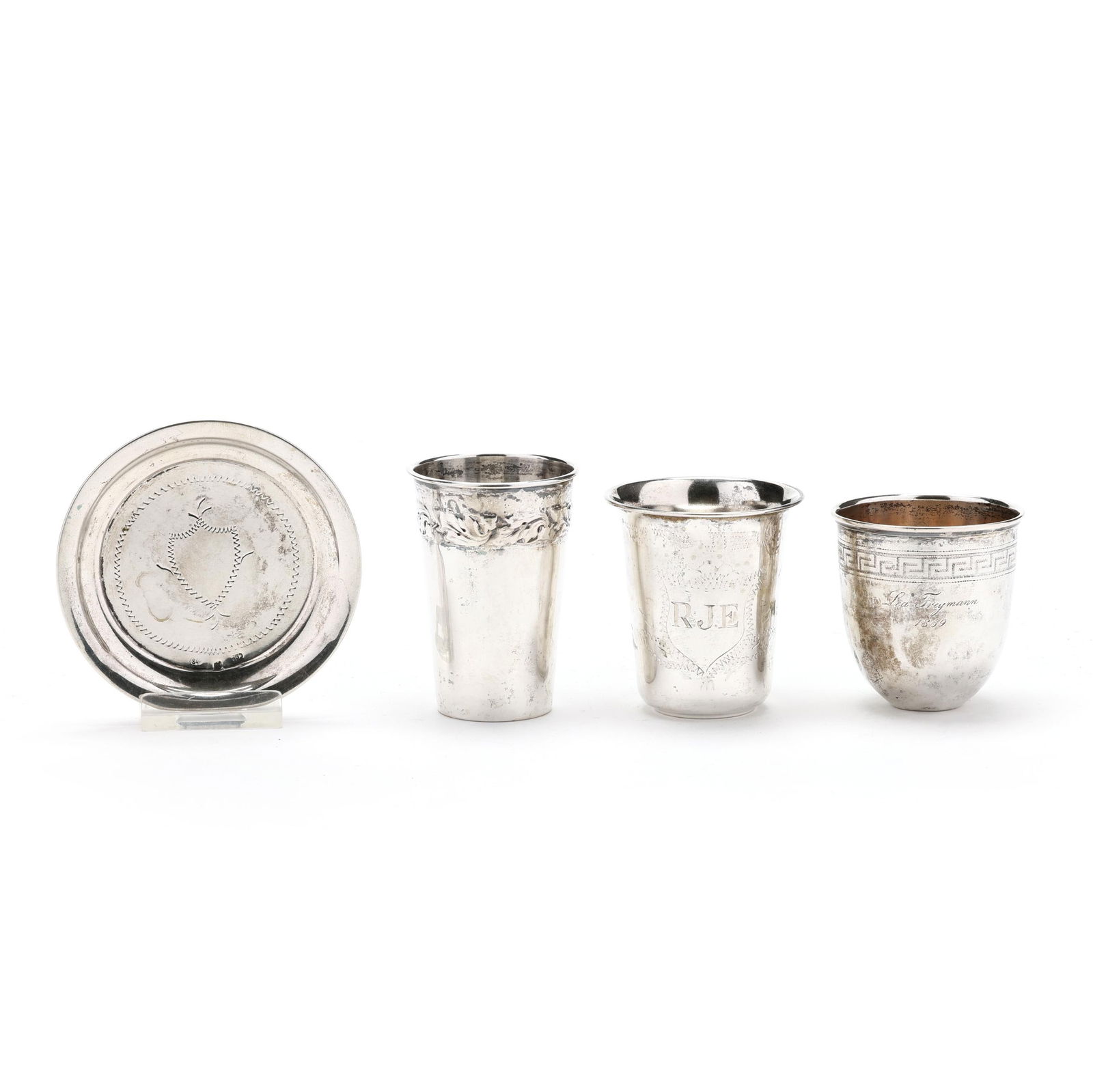 THREE SILVER KIDDUSH CUPS AND