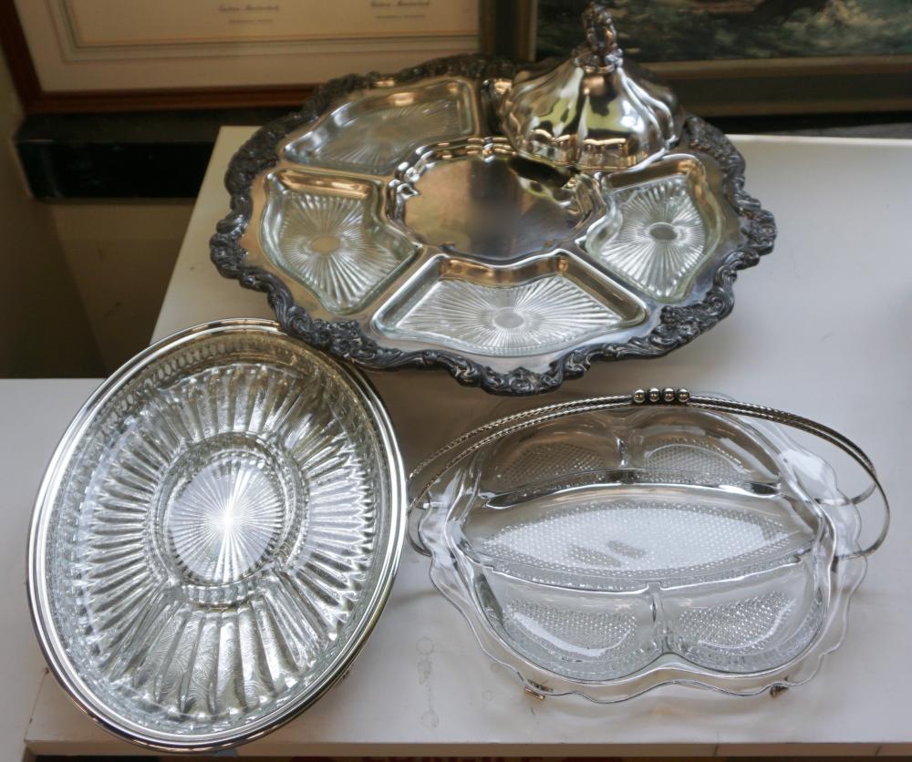 THREE SILVERPLATE AND GLASS SERVING