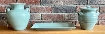 Three Simon Pearce green celadon