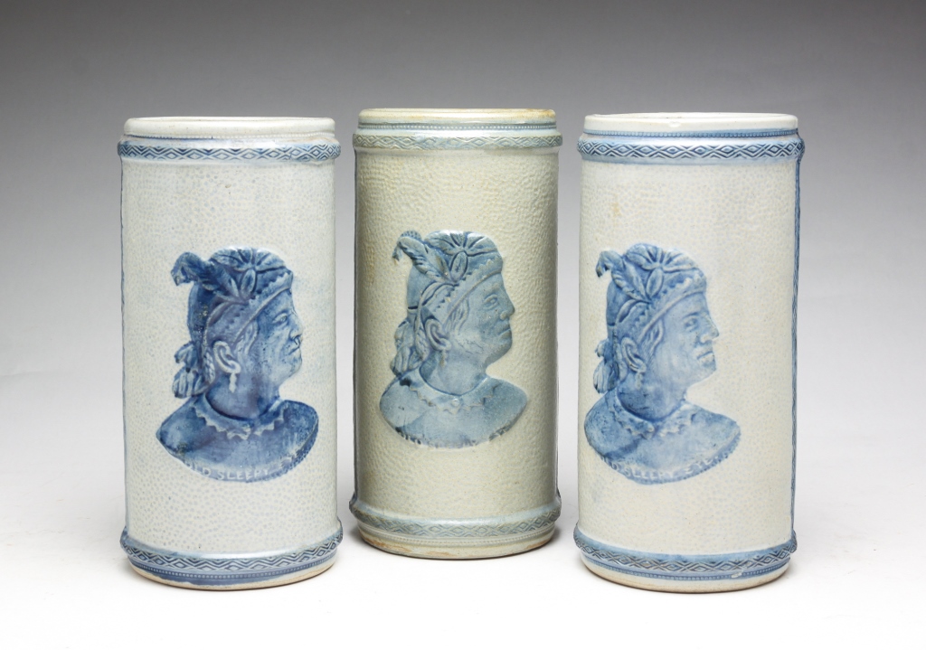 THREE SLEEPY EYE BRUSH POTS. Ca.