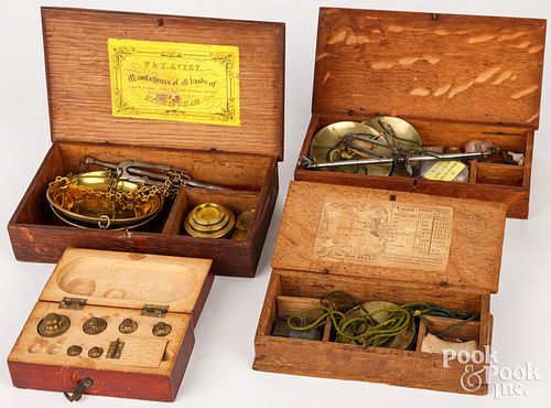 THREE SMALL CASED BRASS SCALES,