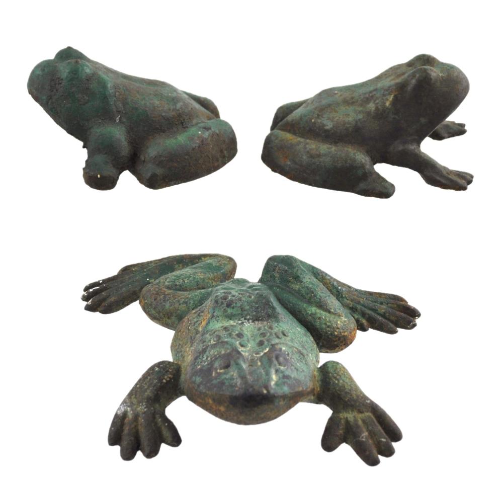 THREE SMALL CAST IRON GARDEN FROGS,