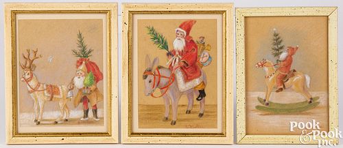 THREE SMALL PASTELS OF SANTA