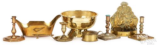 THREE SPANISH BRASS CANDLESTICKS,