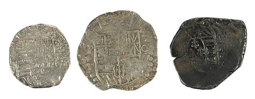 THREE SPANISH COLONIAL COINS,