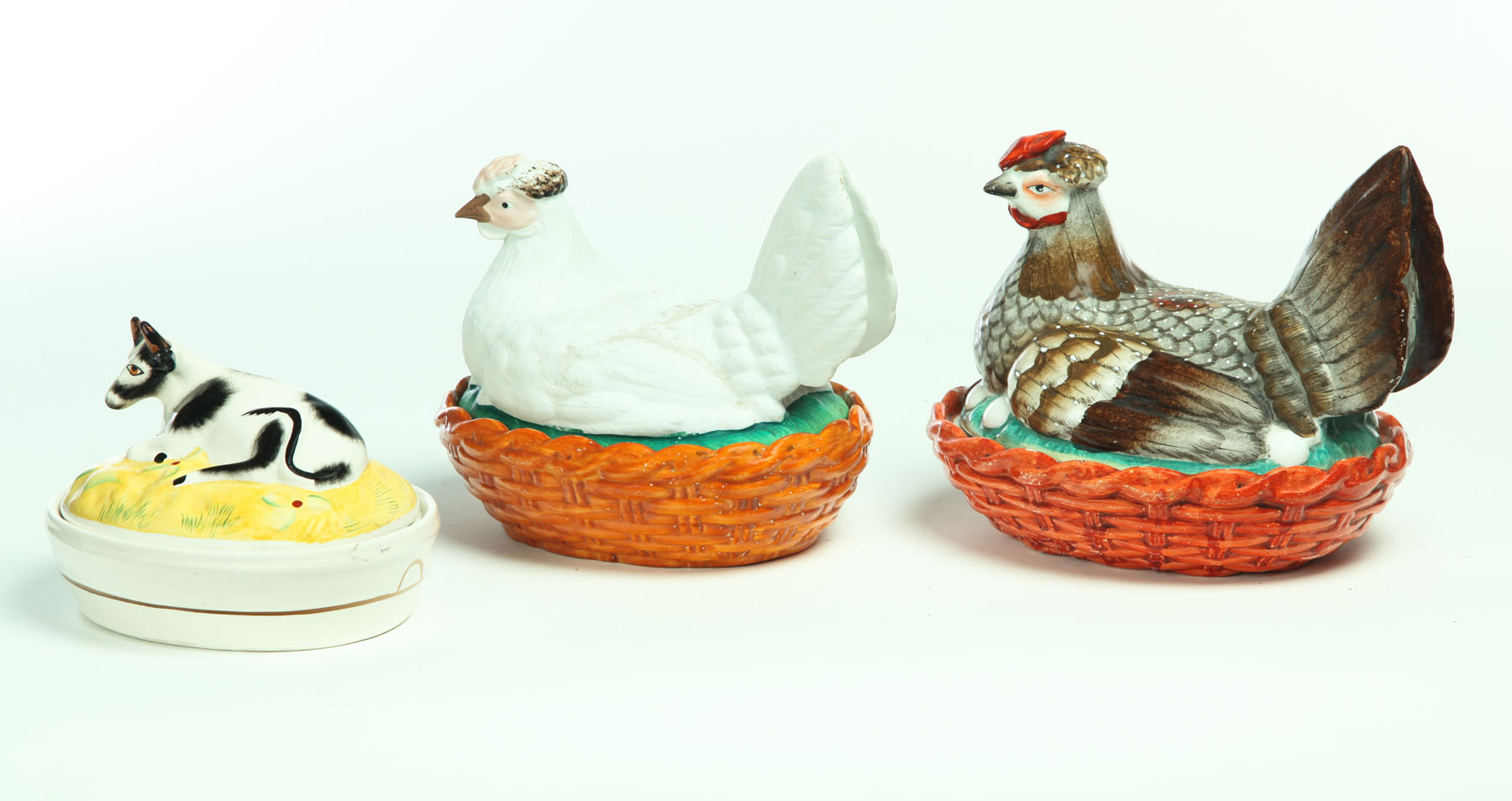 THREE STAFFORDSHIRE COVERED DISHES.