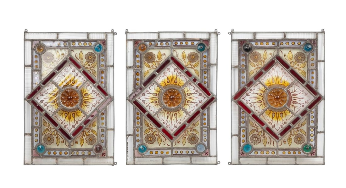 THREE STAINED GLASS FLORAL WINDOW