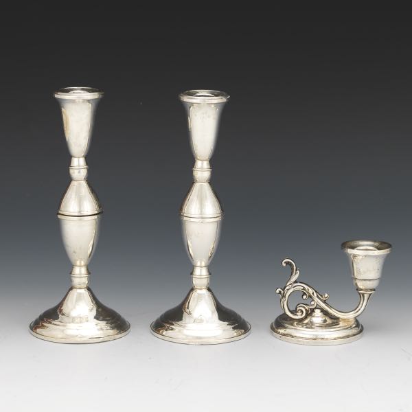 THREE STERLING CANDLE HOLDERS  A