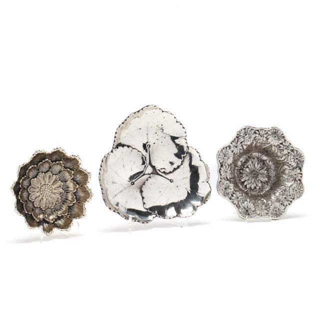 THREE STERLING SILVER FLORAL AND