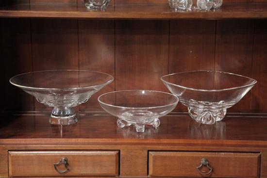 THREE STEUBEN CRYSTAL BOWLS. Footed